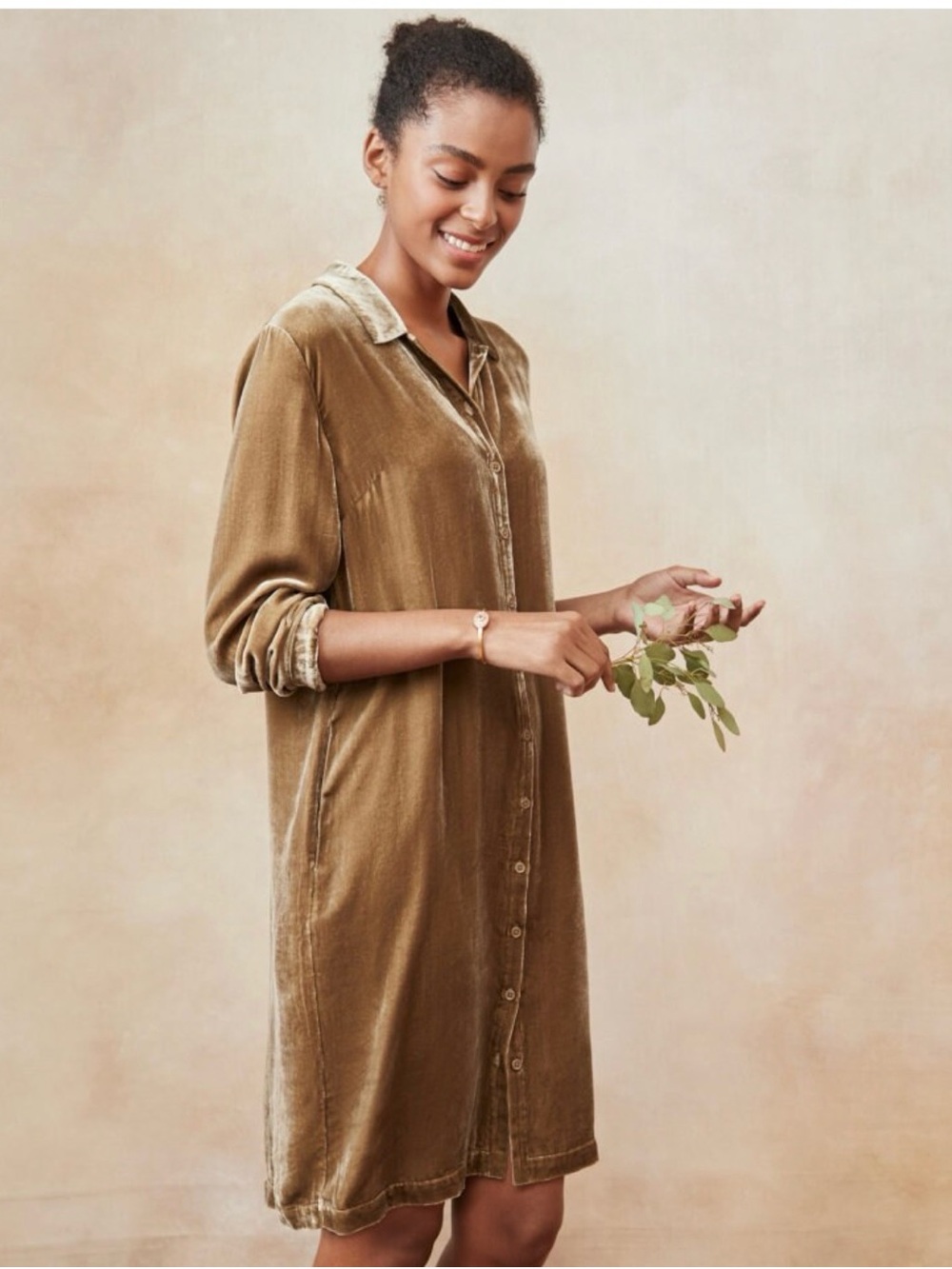 Garnet Hill Velvet Button-Front Nightshirt in Olive Taupe